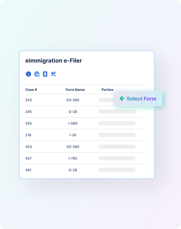 Screenshot of immigration forms management software for e-filing immigration forms